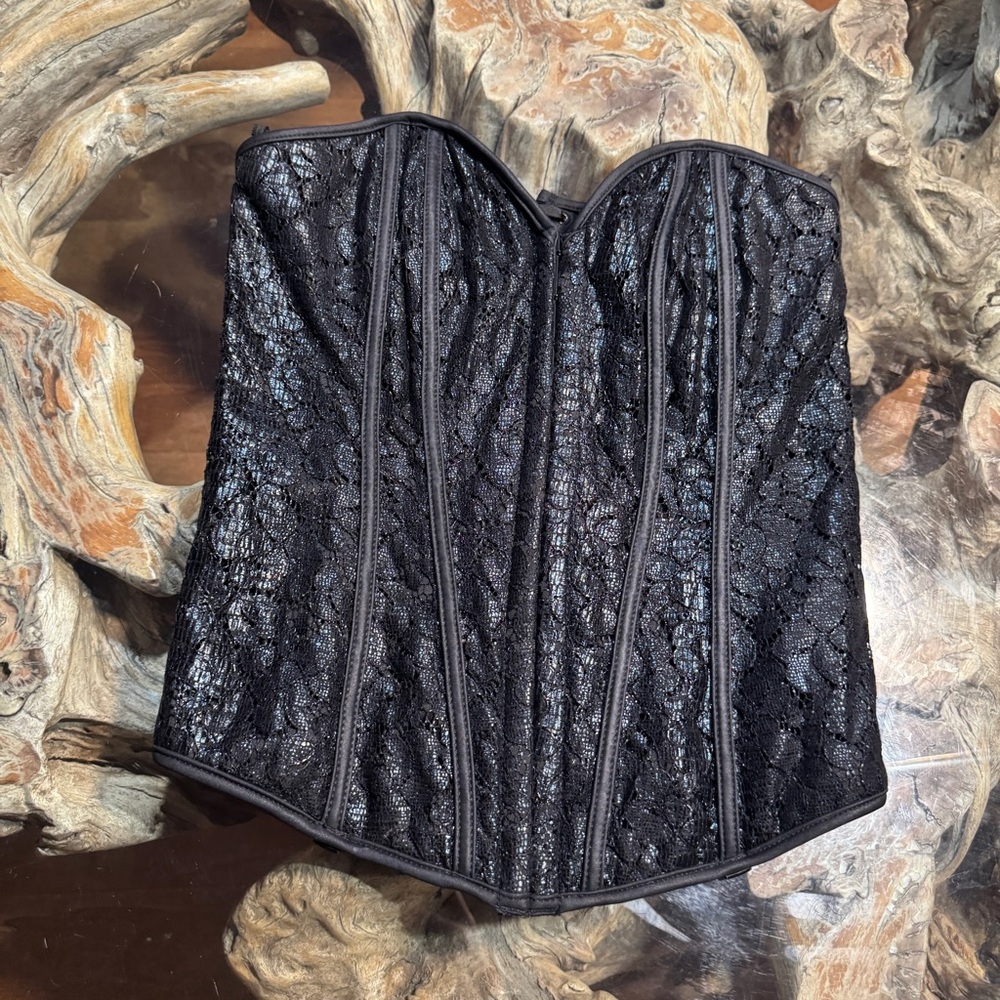 Frederick's of Hollywood Black Faux Leather Lace Corset